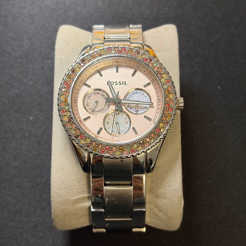 Fossil ES-3050 Watch Women 6" Pink Crystal Bezel Multifunction Stainless Steel